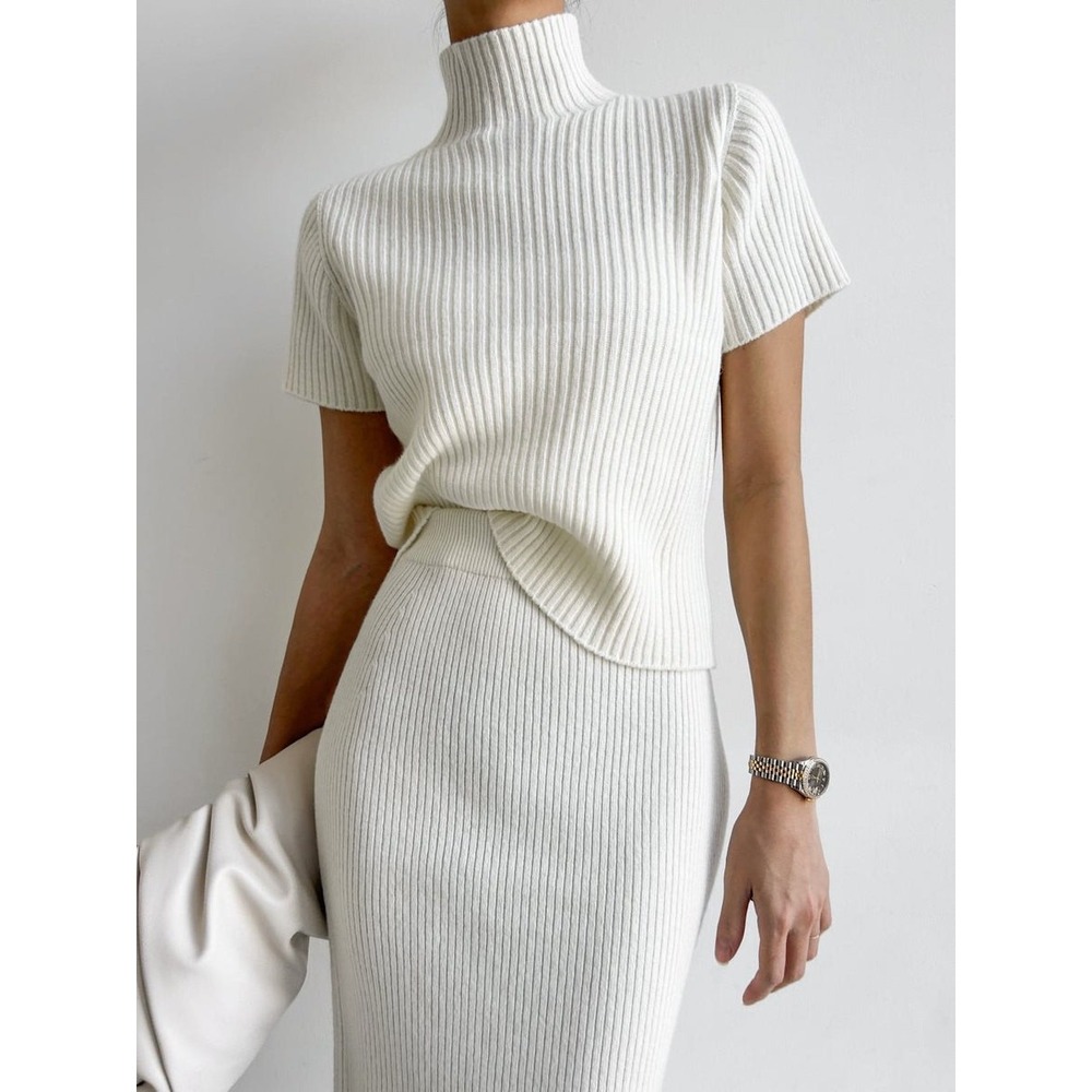 Commense Solid High‎ Neck Split Ribbed Knit Two P… - image 3